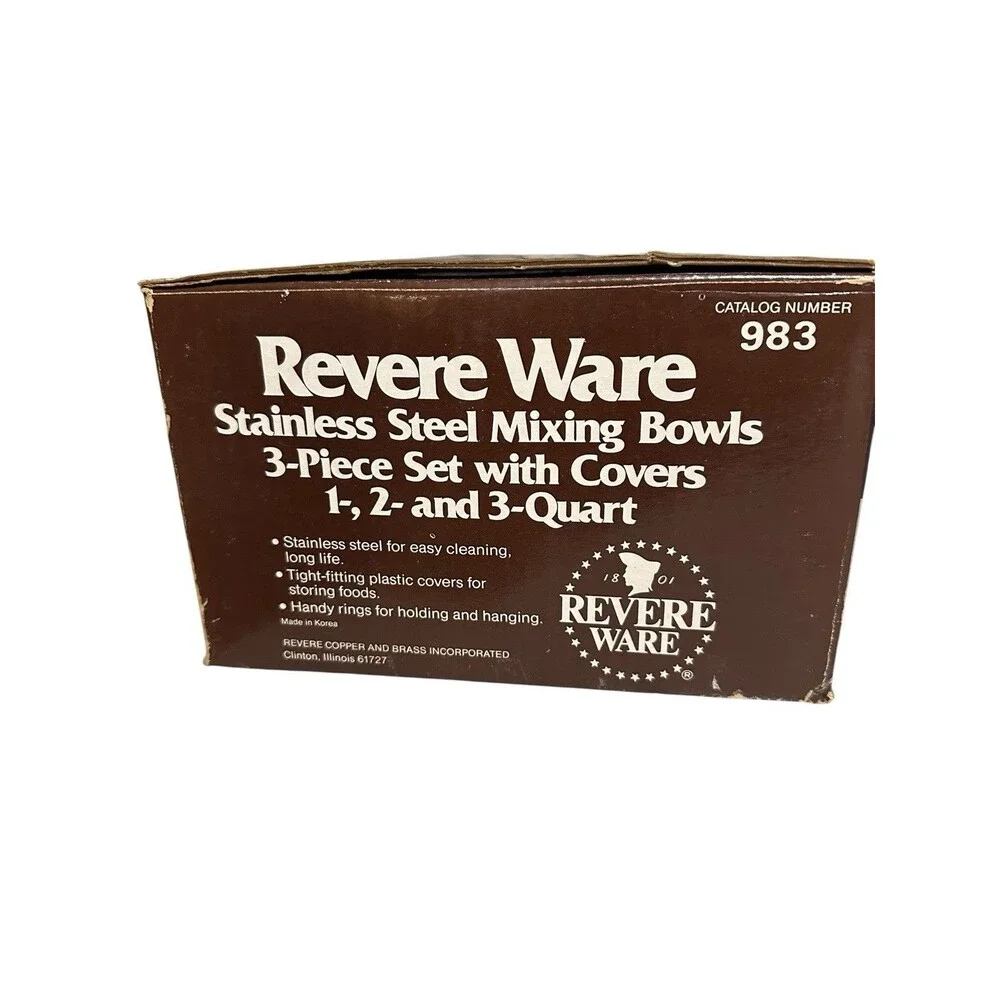 Vintage Revere Ware Stainless Steel Mixing Bowls w/ Lids 3-pc 1, 2,3 QT. New